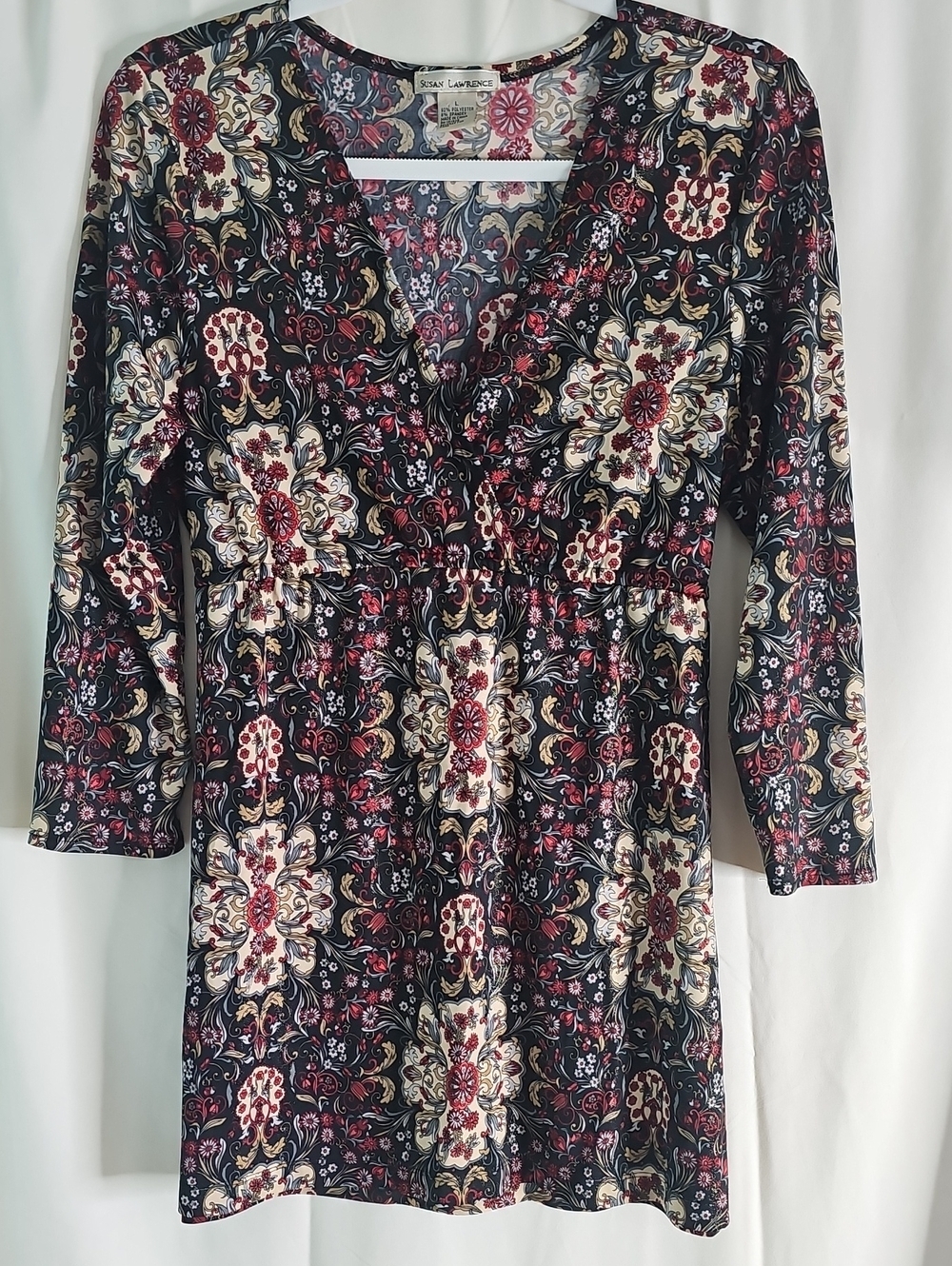 Susan Lawrence Black Floral Top with Red and Cream Motif
